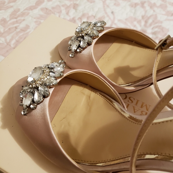 Champagne Satin Rhinestone Ankle Strap Heels - Picture 6 of 9